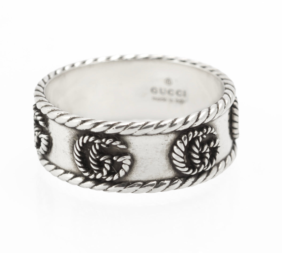 Vintage Gucci sterling silver GG rope twist wide band ring, UK size T - C3113 view 2