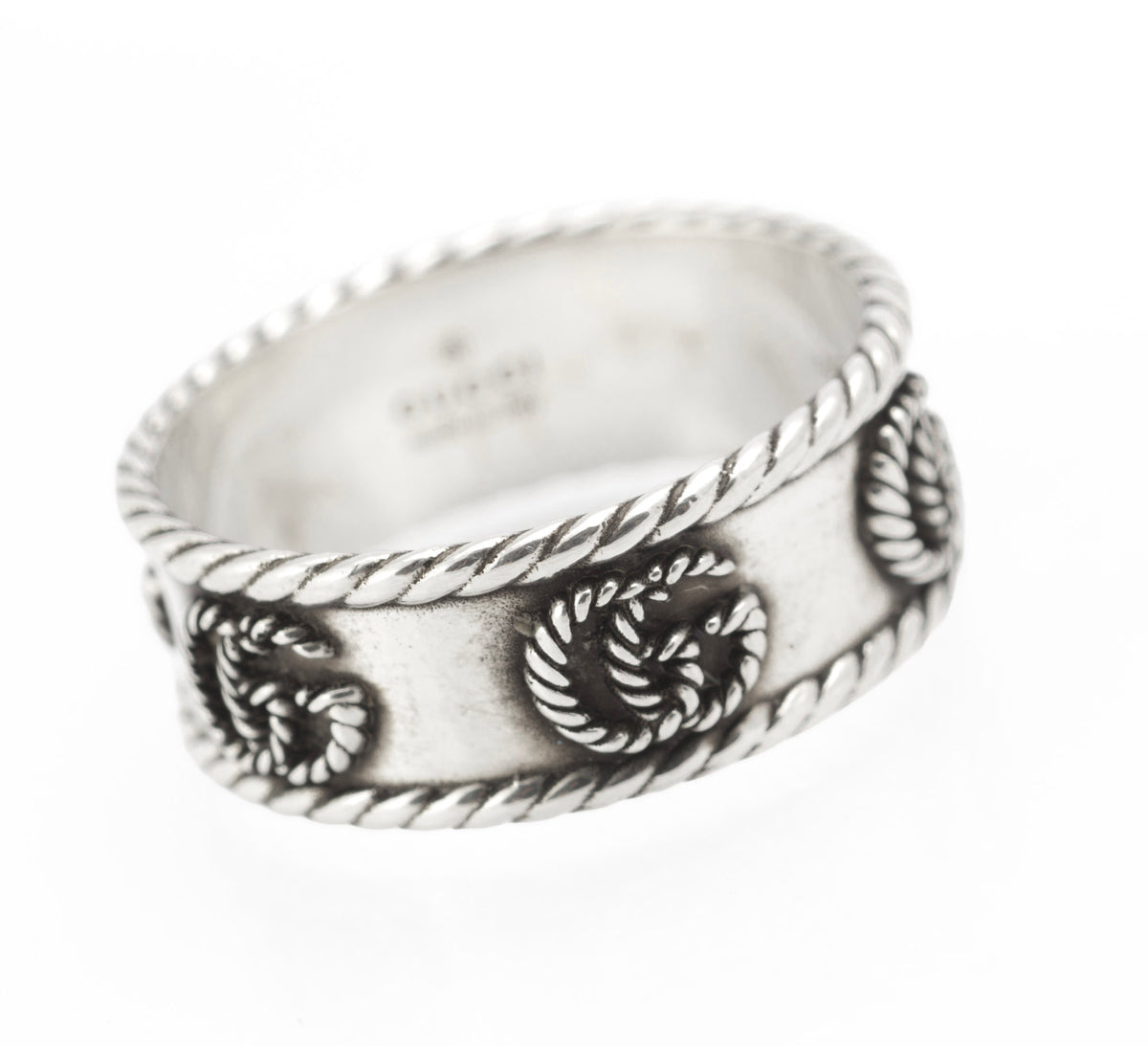 Vintage Gucci sterling silver GG rope twist wide band ring, UK size T - C3113 view 3