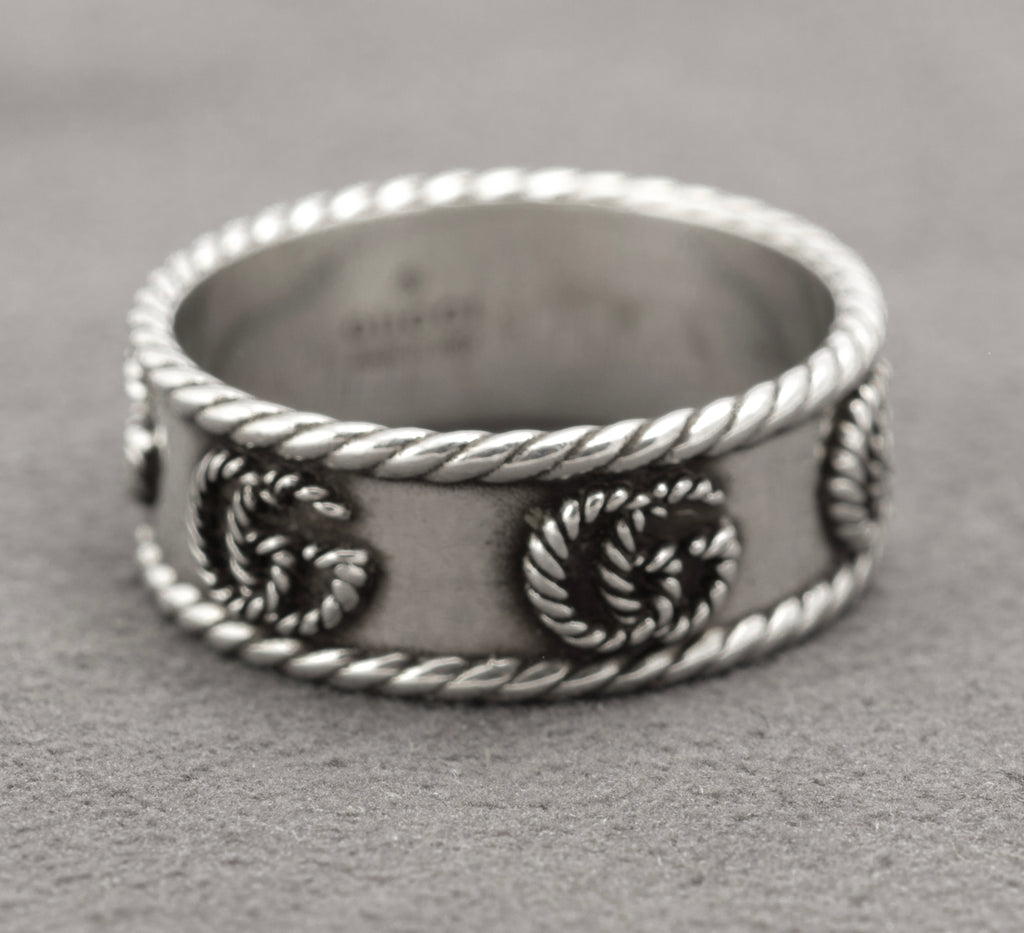 Vintage Gucci sterling silver GG rope twist wide band ring, UK size T - C3113 view 7
