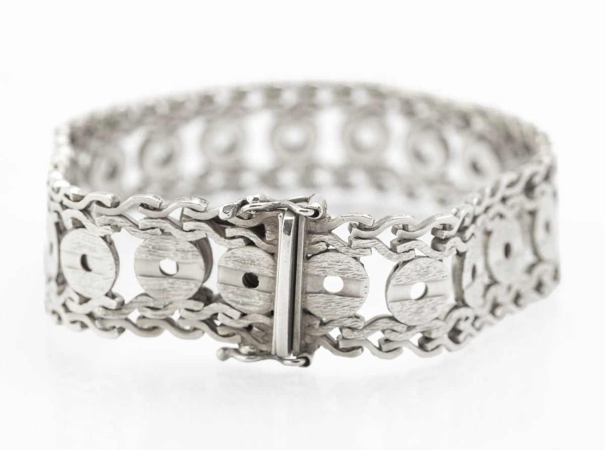 Vintage 1970s sterling silver articulated bracelet with textured discs, London 1974 - C3114 view 2