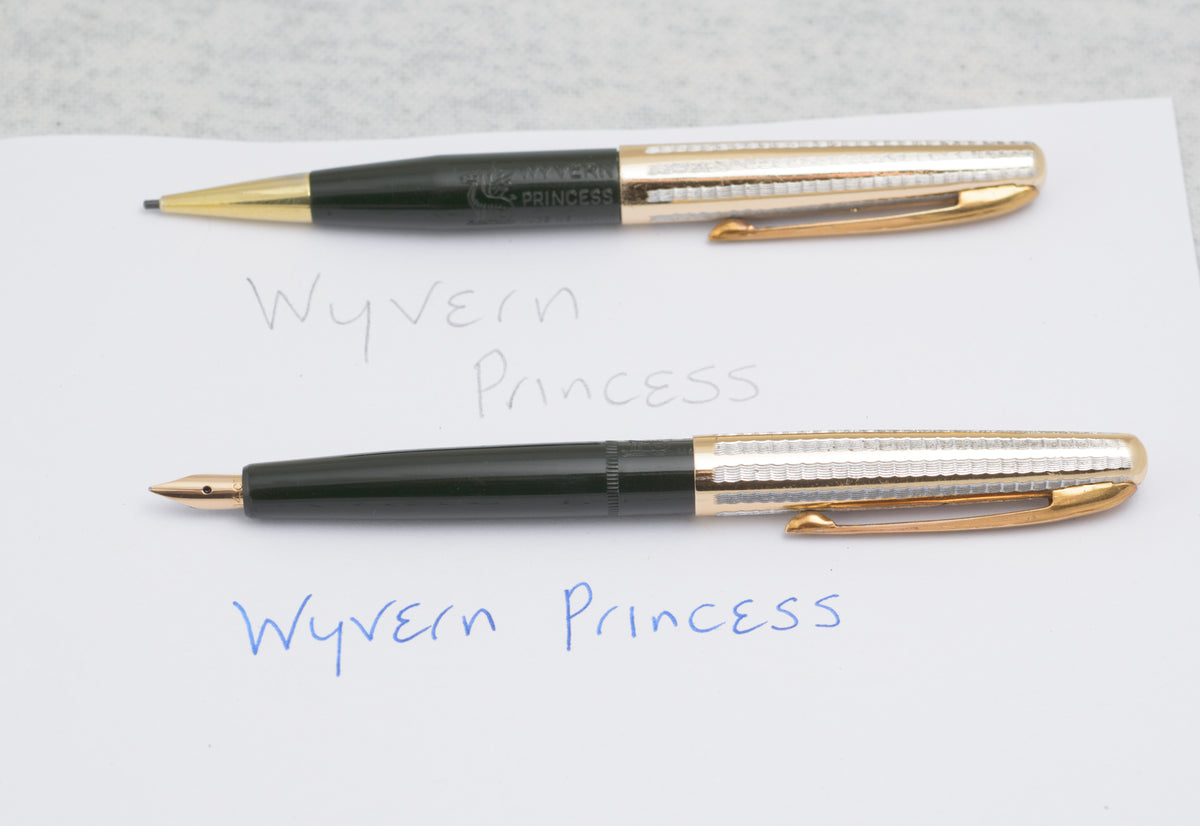 Vintage Wyvern Princess fountain pen and mechanical pencil with matching dark green barrels and patterned metal caps