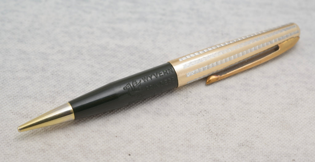 Wyvern Princess fountain pen with 14ct gold nib shown across its matching silver tone mechanical pencil