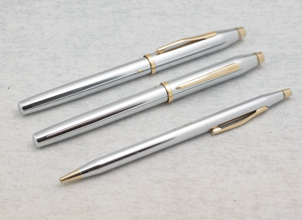 Cross Medalist Century II fountain pen and porous point pen with Classic Century ballpoint in polished chrome and gold tone trim