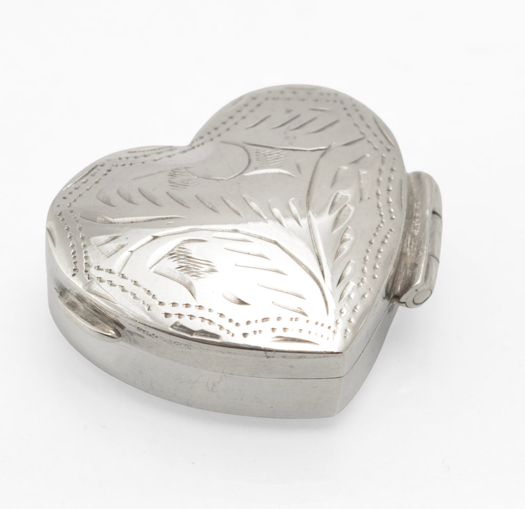 Ari D Norman sterling silver heart shaped box with engraved curved leaves and dotted lid border
