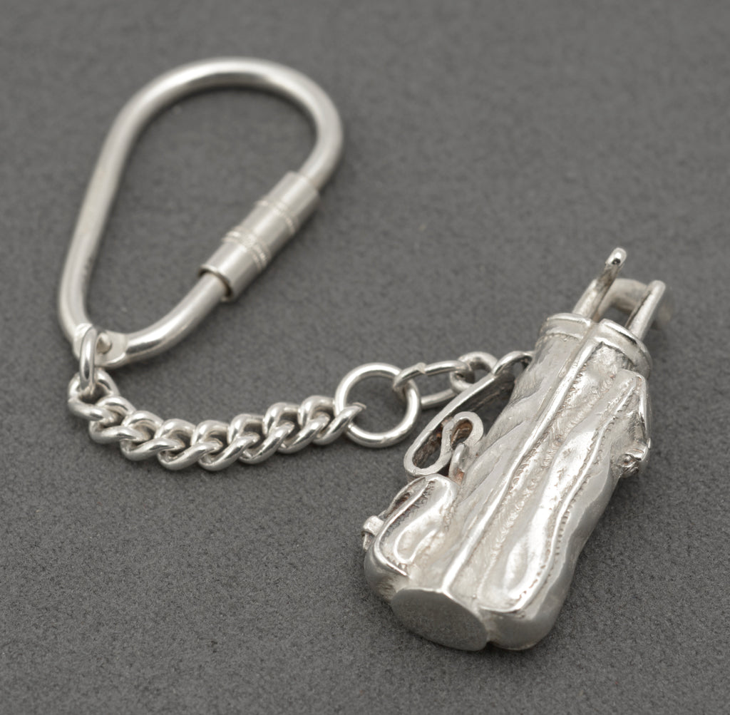 Ari D Norman sterling silver golf bag and clubs keyring with curb chain and screw barrel clip