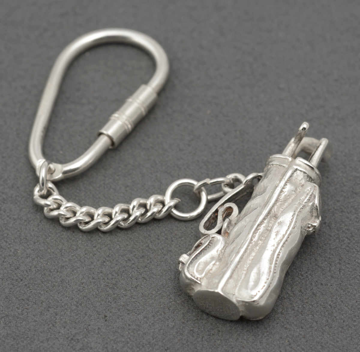 Ari D Norman sterling silver golf bag and clubs keyring with curb chain and screw barrel clip