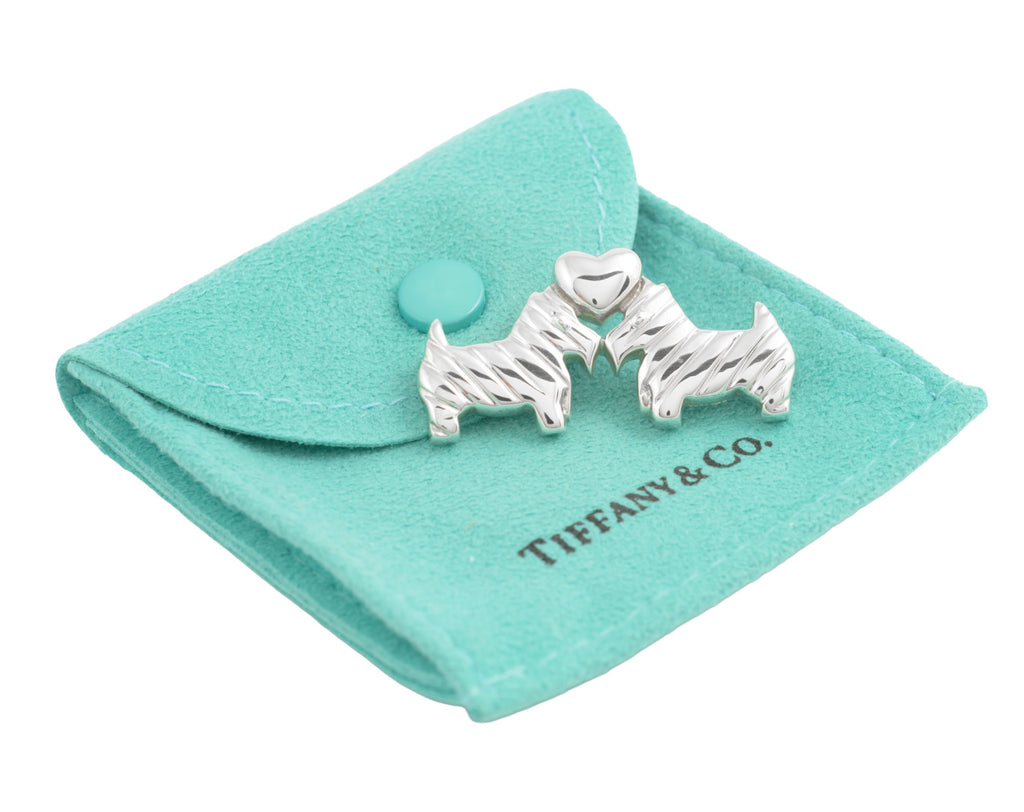 Tiffany & Co sterling silver Scottie dog and heart brooch on its Tiffany pouch