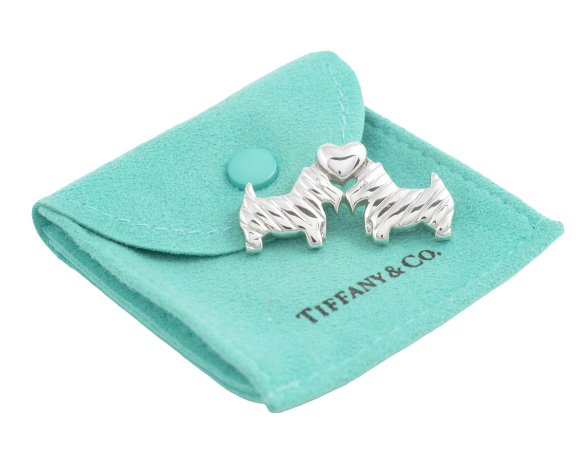 Tiffany & Co sterling silver Scottie dog and heart brooch on its Tiffany pouch