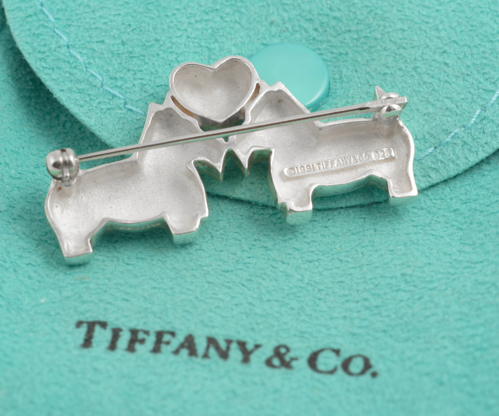 Reverse of Tiffany Scottie dog brooch showing hinged pin, safety catch and Tiffany 925 marking