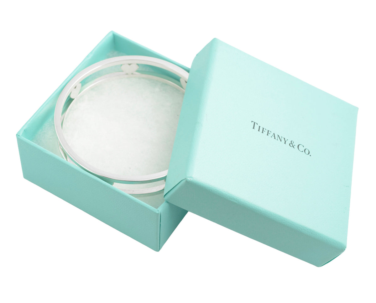 Tiffany Floating Heart bangle inside its open presentation box
