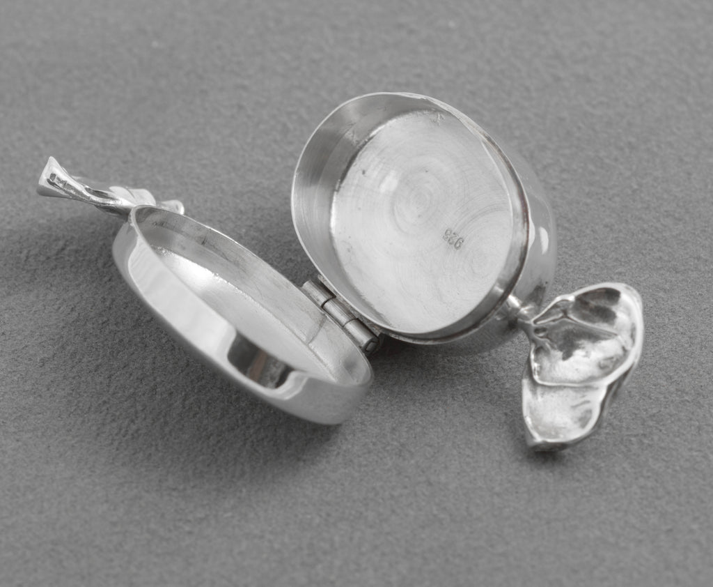 Reverse view of the silver sweet shaped box and side hinge