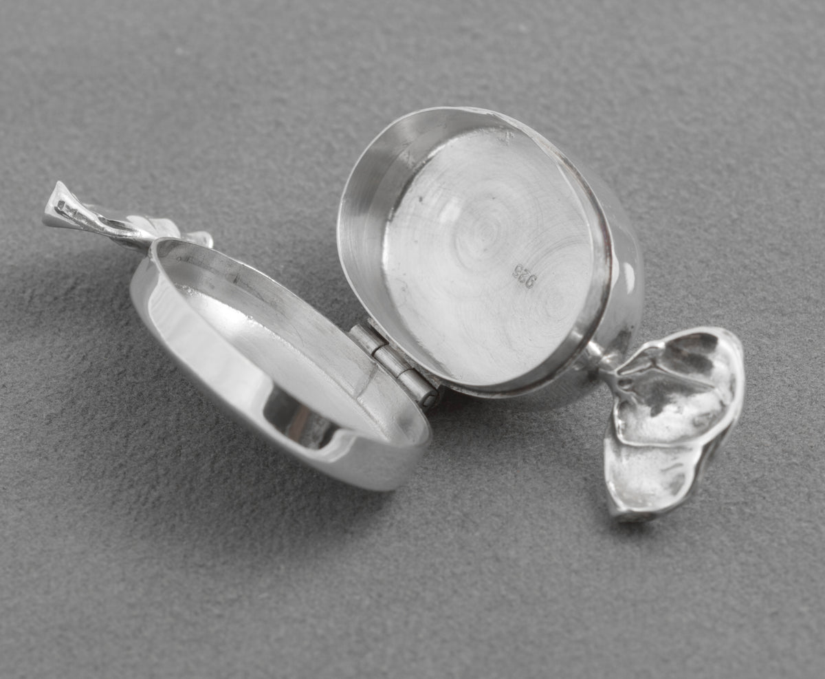 Reverse view of the silver sweet shaped box and side hinge