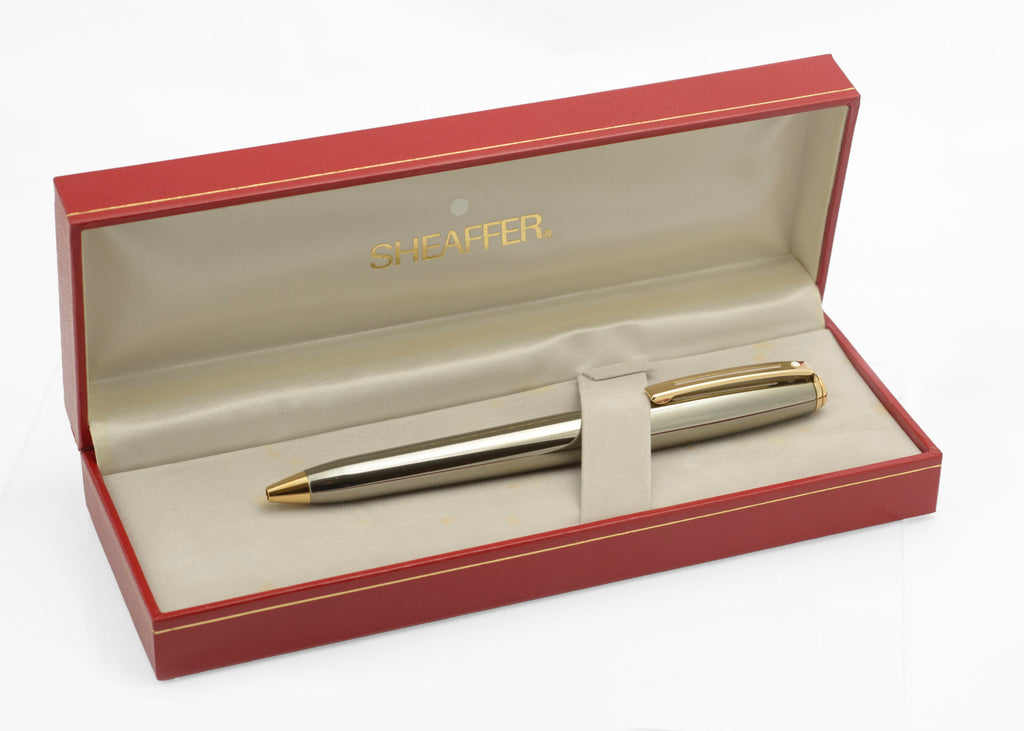 Sheaffer Prelude gunmetal ballpoint pen inside its original red presentation case