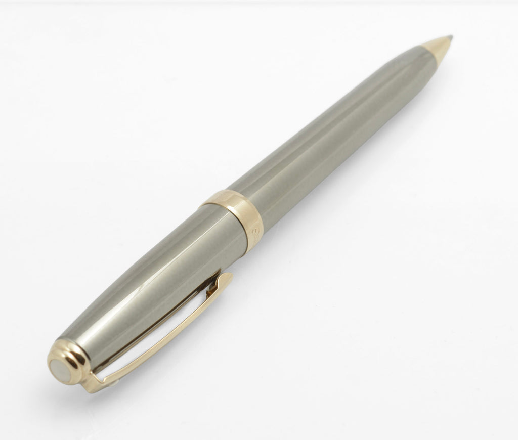 Reverse angled view of the polished gunmetal Sheaffer Prelude ballpoint pen