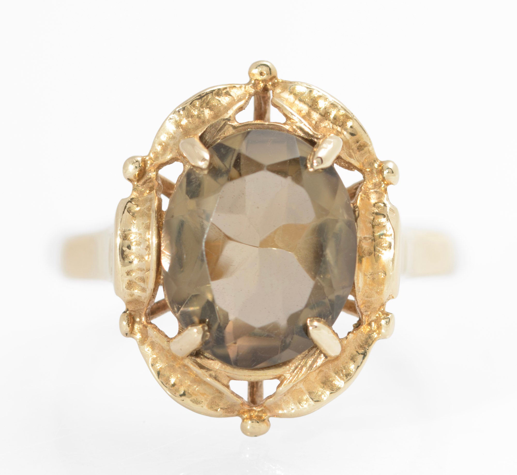 Vintage 9ct Gold & Smoky Quartz Ring With Decorative Mount Birmingham Hallmark 1979 UK Size O1/2 (Code A745)