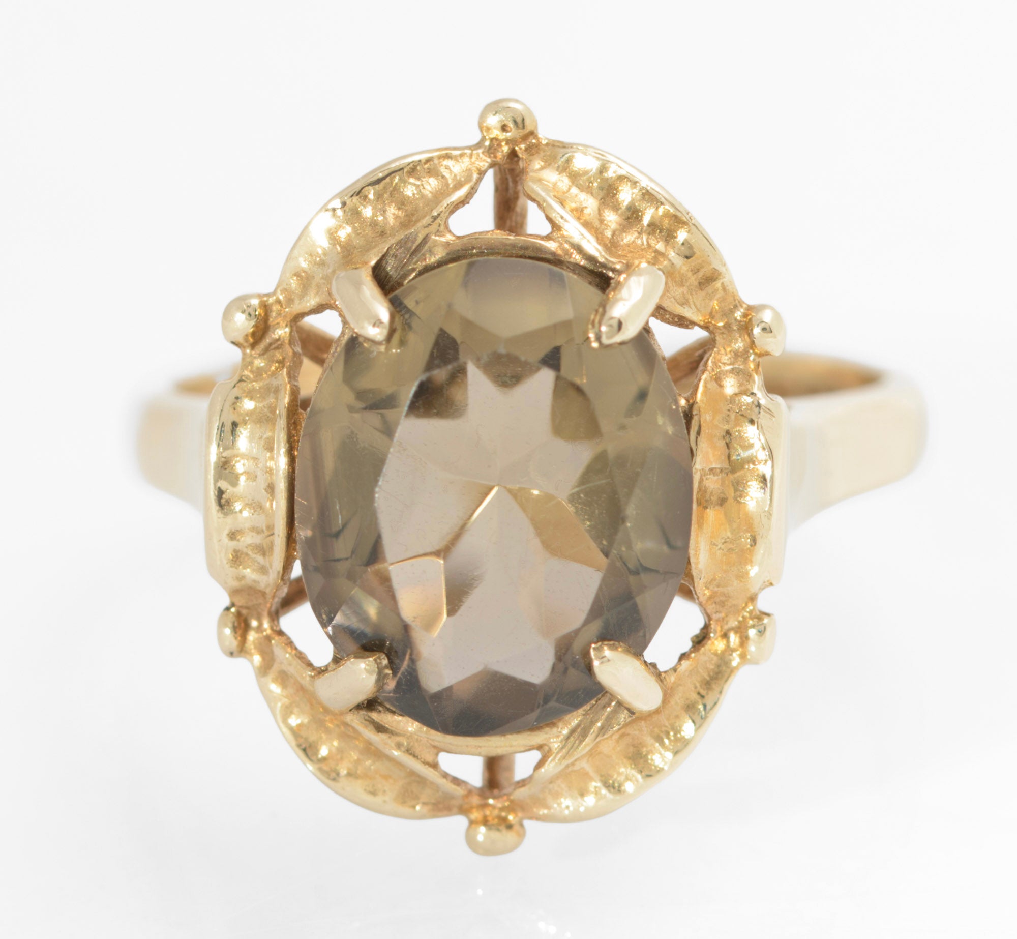 Vintage 9ct Gold & Smoky Quartz Ring With Decorative Mount Birmingham Hallmark 1979 UK Size O1/2 (Code A745)