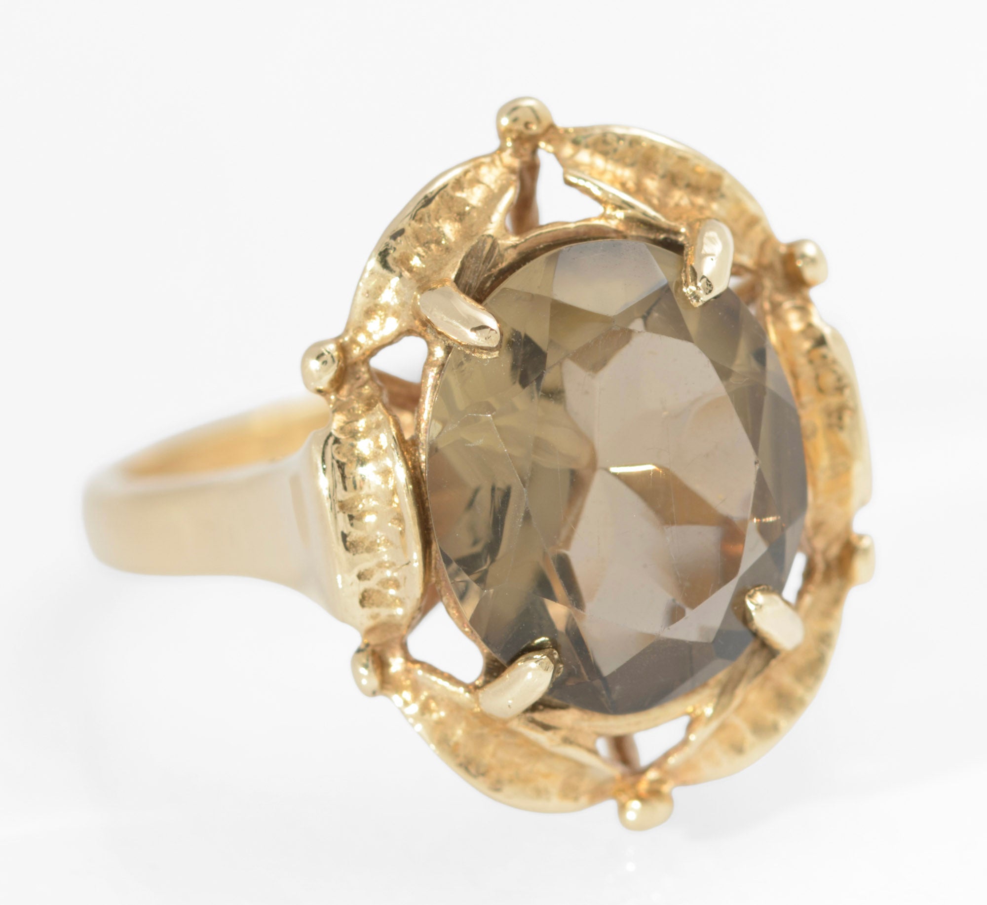 Vintage 9ct Gold & Smoky Quartz Ring With Decorative Mount Birmingham Hallmark 1979 UK Size O1/2 (Code A745)