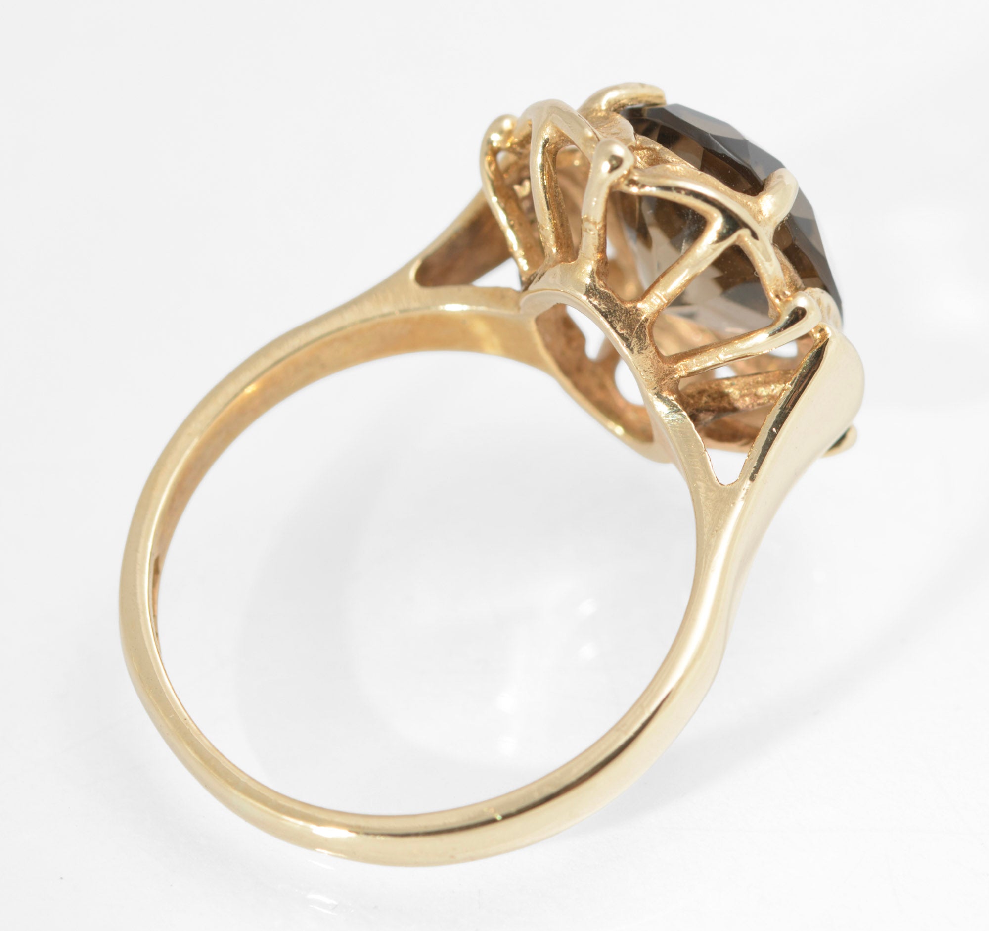 Vintage 9ct Gold & Smoky Quartz Ring With Decorative Mount Birmingham Hallmark 1979 UK Size O1/2 (Code A745)