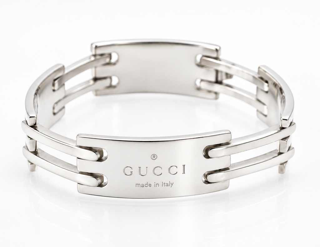 Vintage Gucci Sterling Silver Logo Panel Bracelet - Double Bar Links - Made in Italy c1990 - C3112