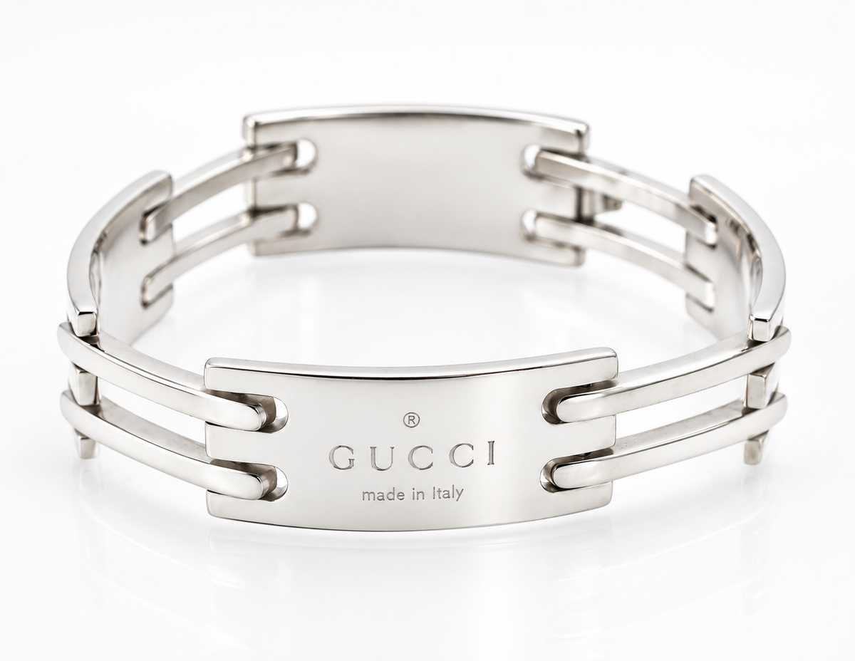 Vintage Gucci Sterling Silver Logo Panel Bracelet - Double Bar Links - Made in Italy c1990 - C3112