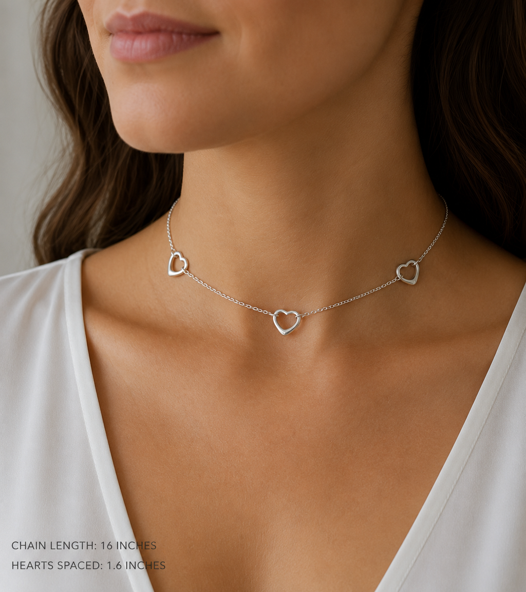 Tiffany & Co Elsa Peretti Three Open Heart Sterling Silver Choker Necklace, Retired Design, Boxed (C2955)