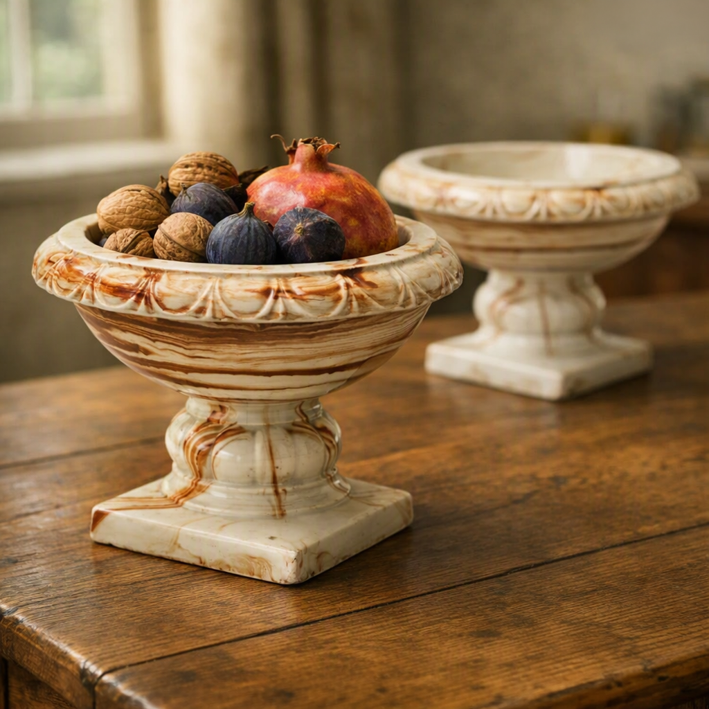 Pair of Antique Neo-Classical Pottery Comports - Marbled Glaze - Gadrooned Rims - Early 19th Century - 0875