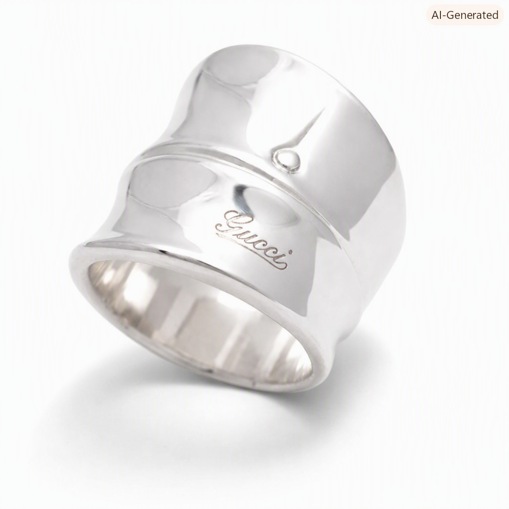 A boxed Gucci sterling silver Bamboo ring of wide sculptural form, signed Gucci to the front and with Italian and UK silver marks inside the band.
