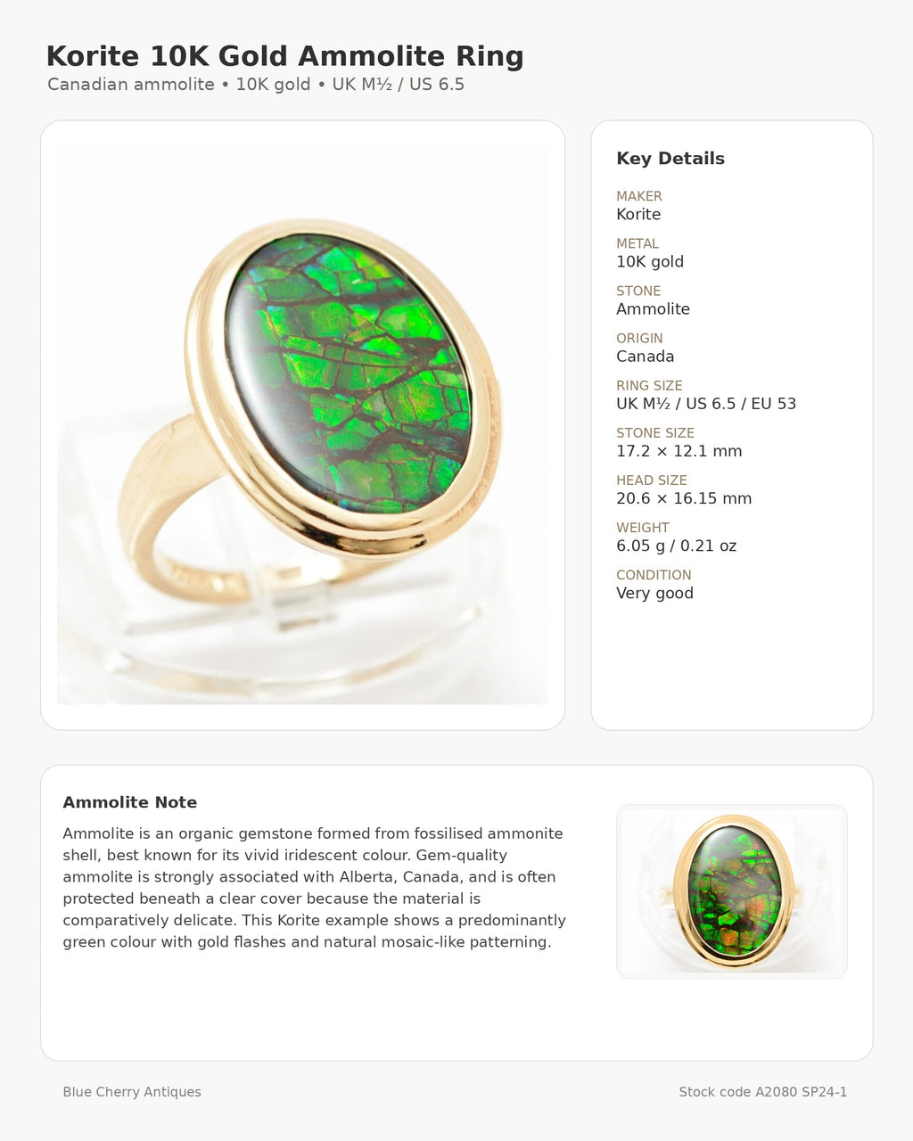 10K Yellow Gold & Canadian Ammolite Ring by Korite Large Oval Cabochon UK Size M1/2 (A2080)