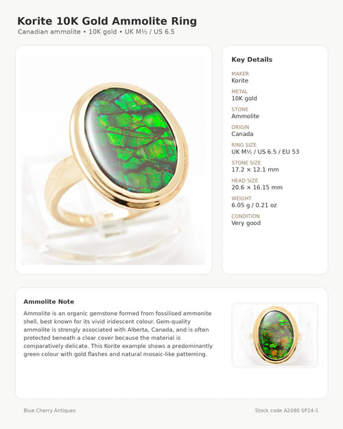 10K Yellow Gold & Canadian Ammolite Ring by Korite Large Oval Cabochon UK Size M1/2 (A2080)