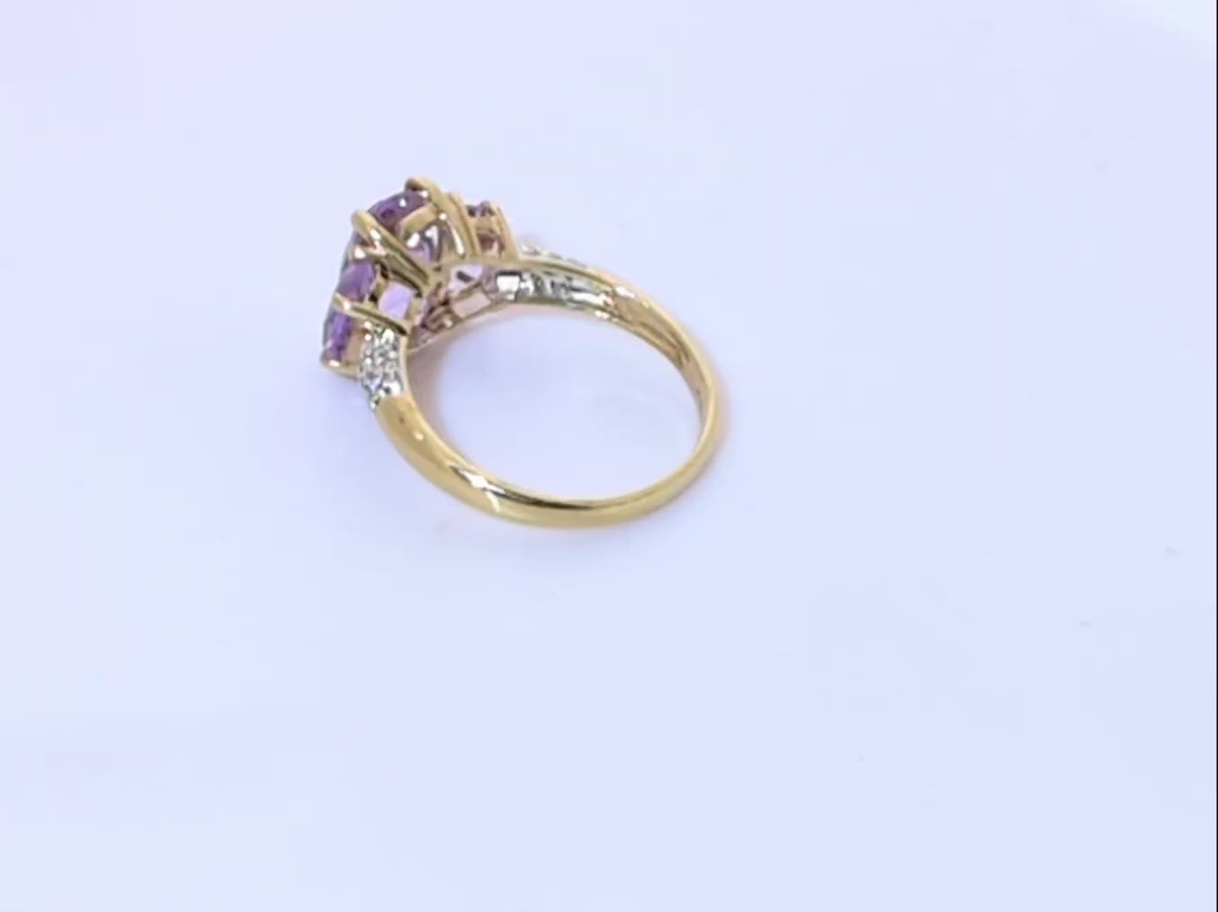 Vintage 9ct Gold Rose de France Triple Amethyst Dress Ring - Diamond Shoulders (C2890)