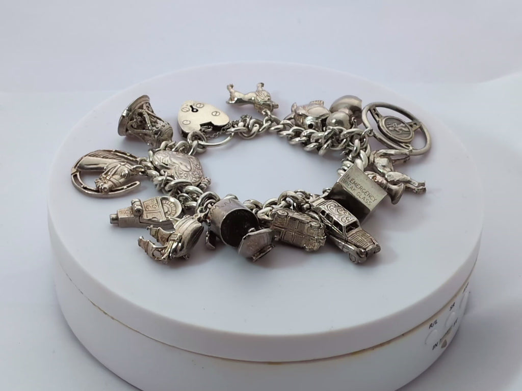 Vintage Sterling Silver Large Curb Chain 16 Charm Bracelet Hallmarked 1965 (C2915)