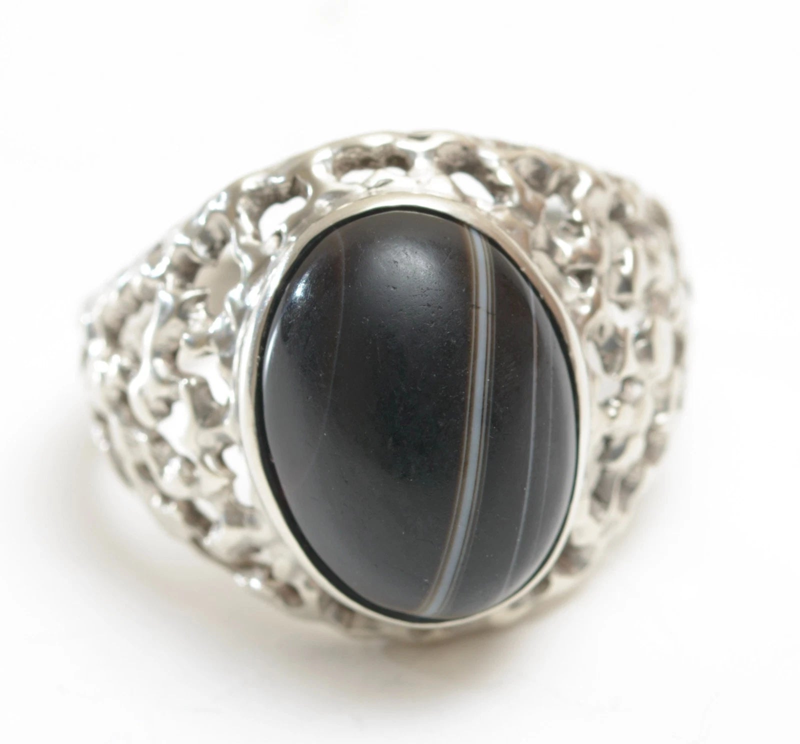 Vintage Sterling Silver Banded Agate Brutalist Statement Ring - 1970s - UK Size U½ - C2792
