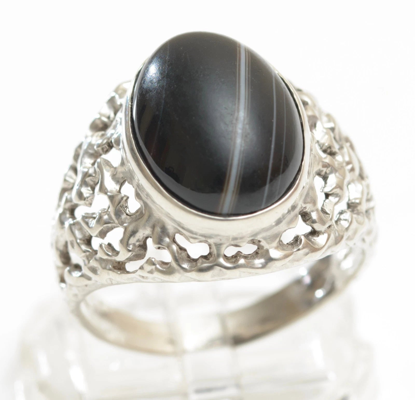 Vintage Sterling Silver Banded Agate Brutalist Statement Ring - 1970s - UK Size U½ - C2792