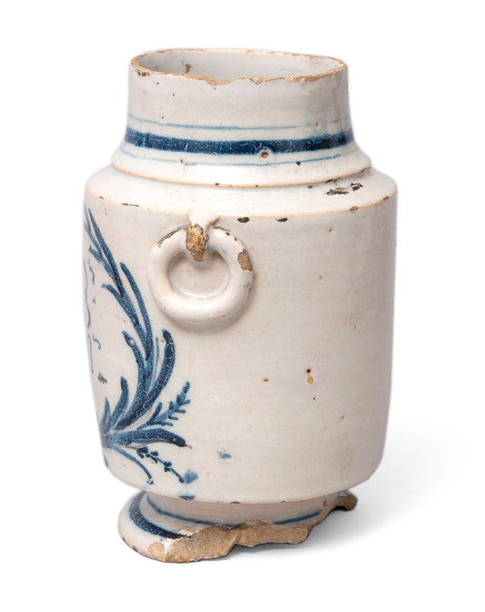 Antique Italian Faience Pottery Blue & White Drug Storage Jar/Albarello c1750 (Code 0039)