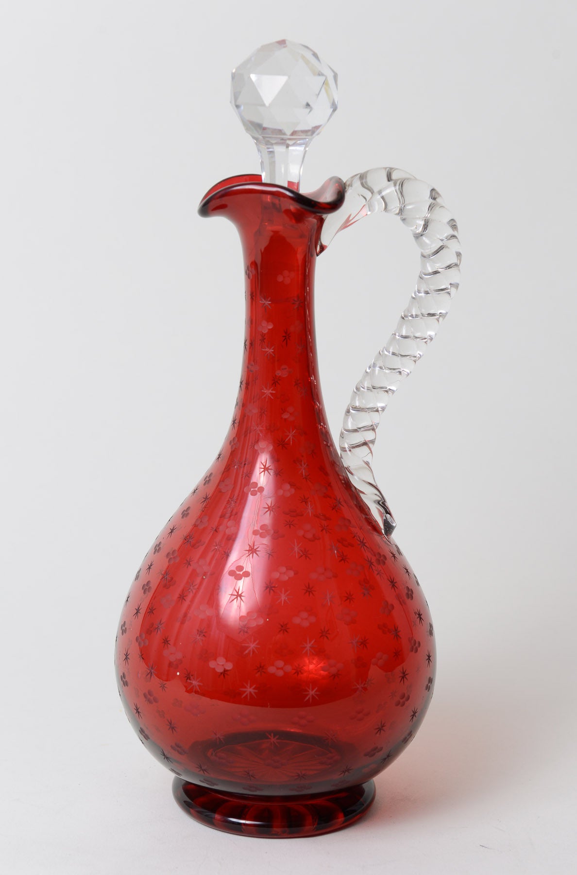 Victorian Antique Etched Cranberry Glass Decanter / Claret Jug c1860 (Code 0238) - Blue Cherry Antiques - 1