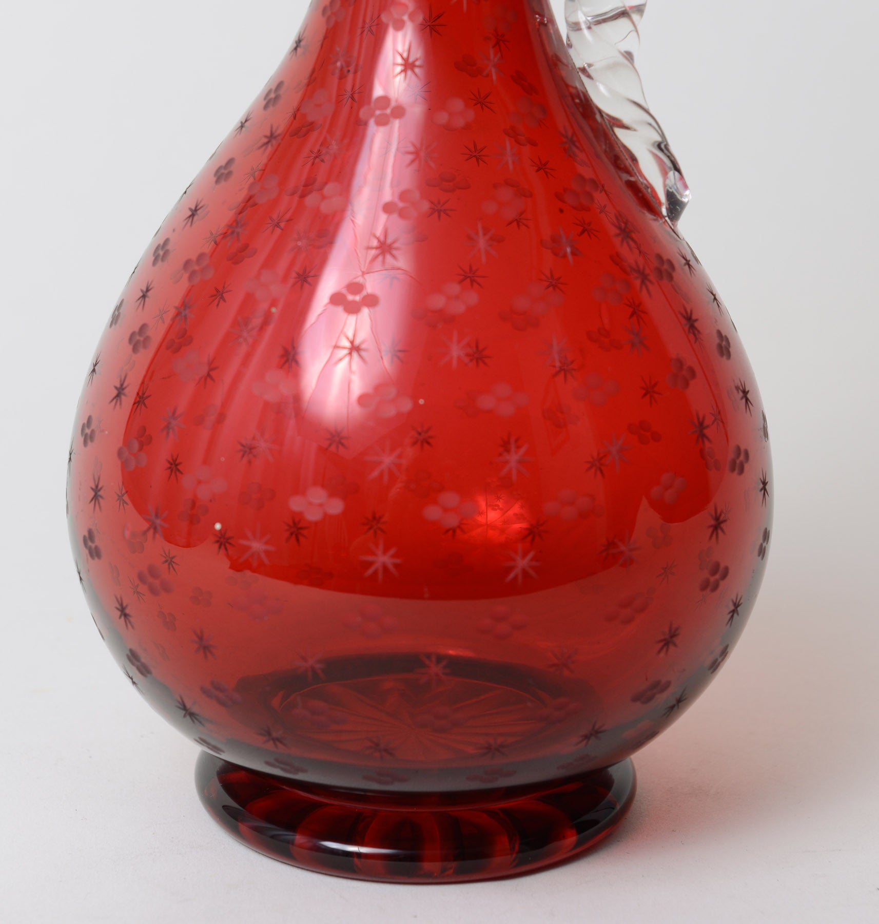 Victorian Antique Etched Cranberry Glass Decanter / Claret Jug c1860 (Code 0238) - Blue Cherry Antiques - 2