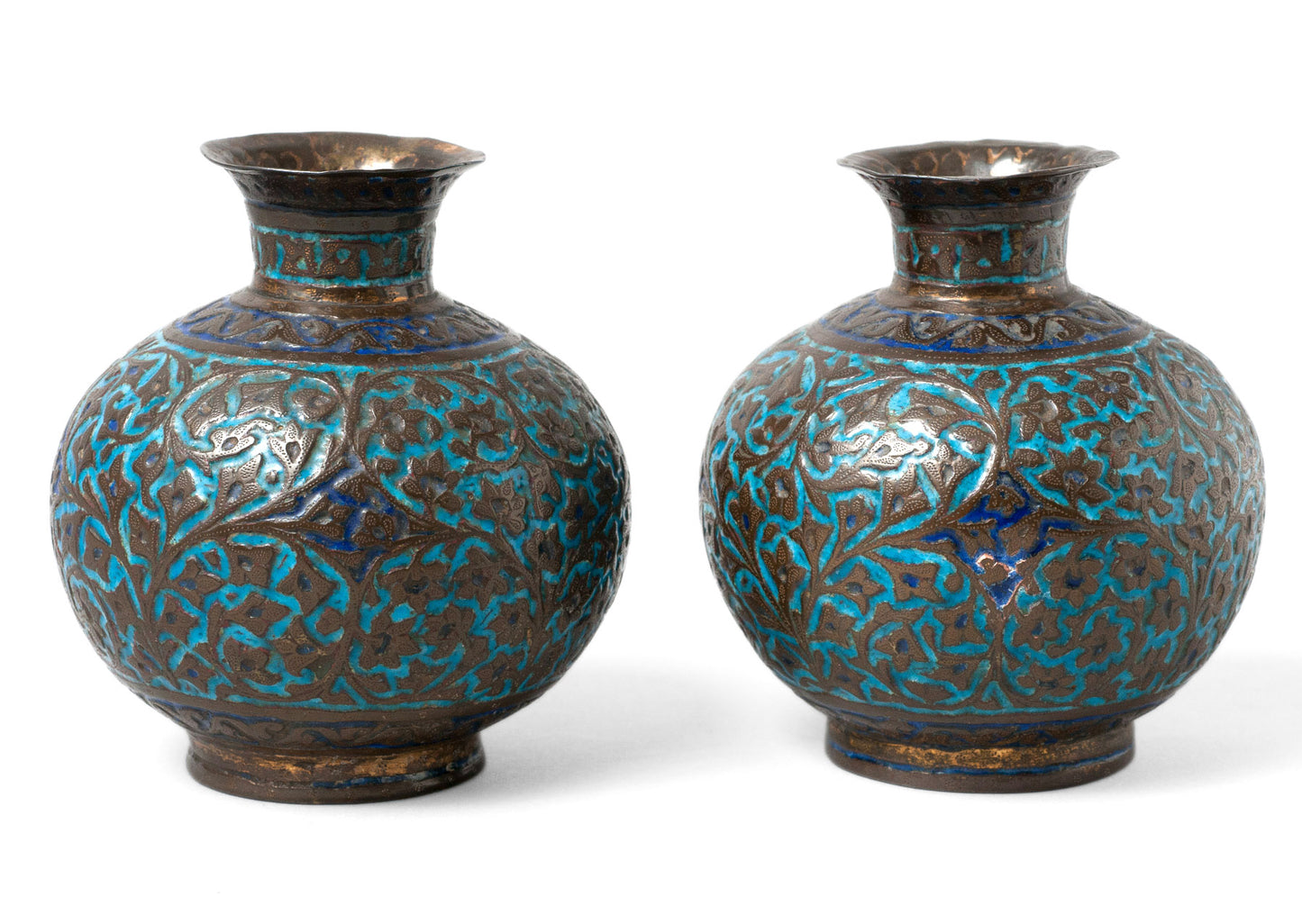 Pair of Antique Kashmir / Indo-Persian Vases with Enamel and Raised Patterns & Script Marks (Code 0317)