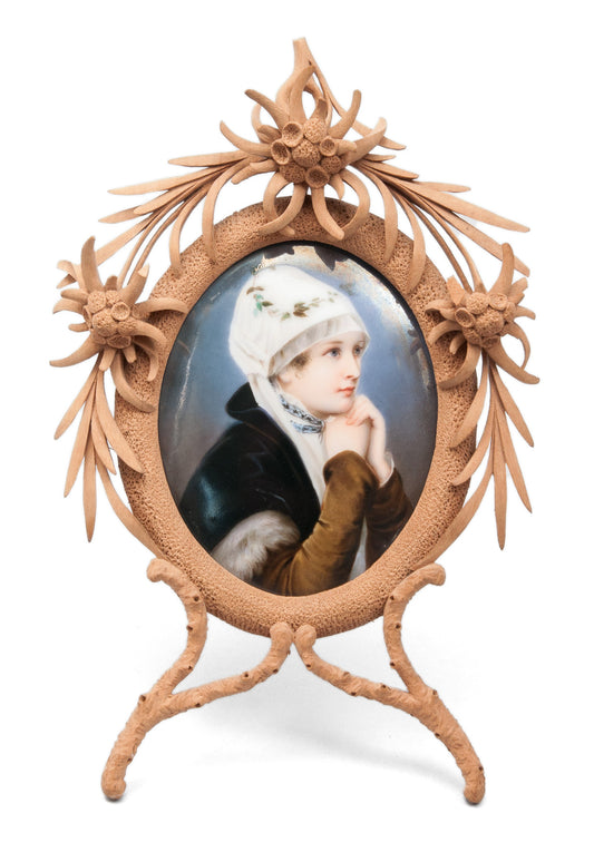 Fine Antique Swiss Hand Painted Portrait Miniature of Girl on Porcelain Plaque (Code 0432)