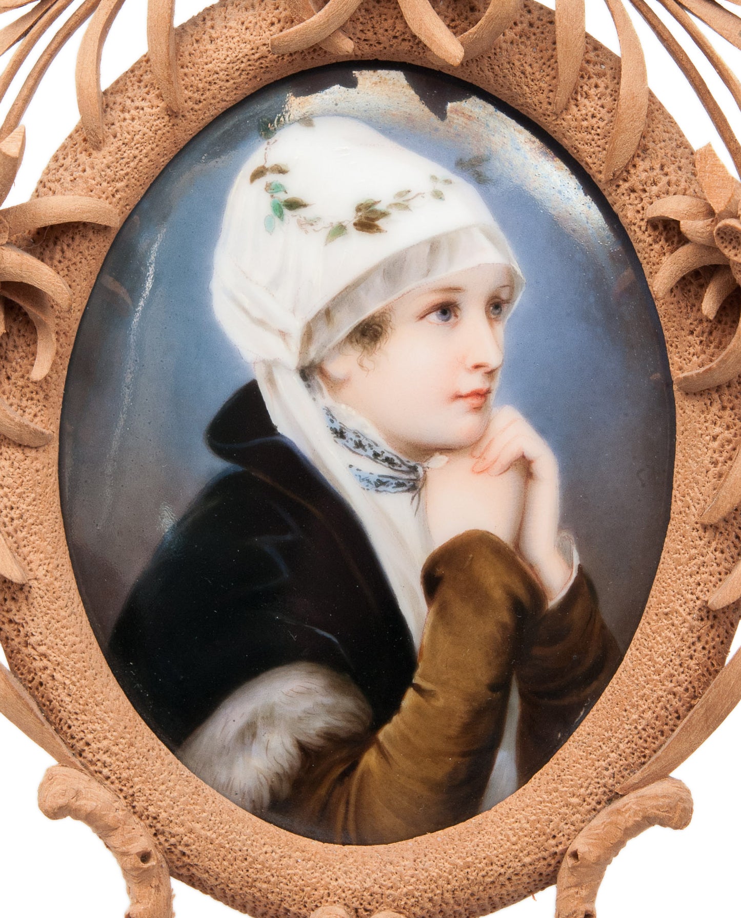 Fine Antique Swiss Hand Painted Portrait Miniature of Girl on Porcelain Plaque (Code 0432)