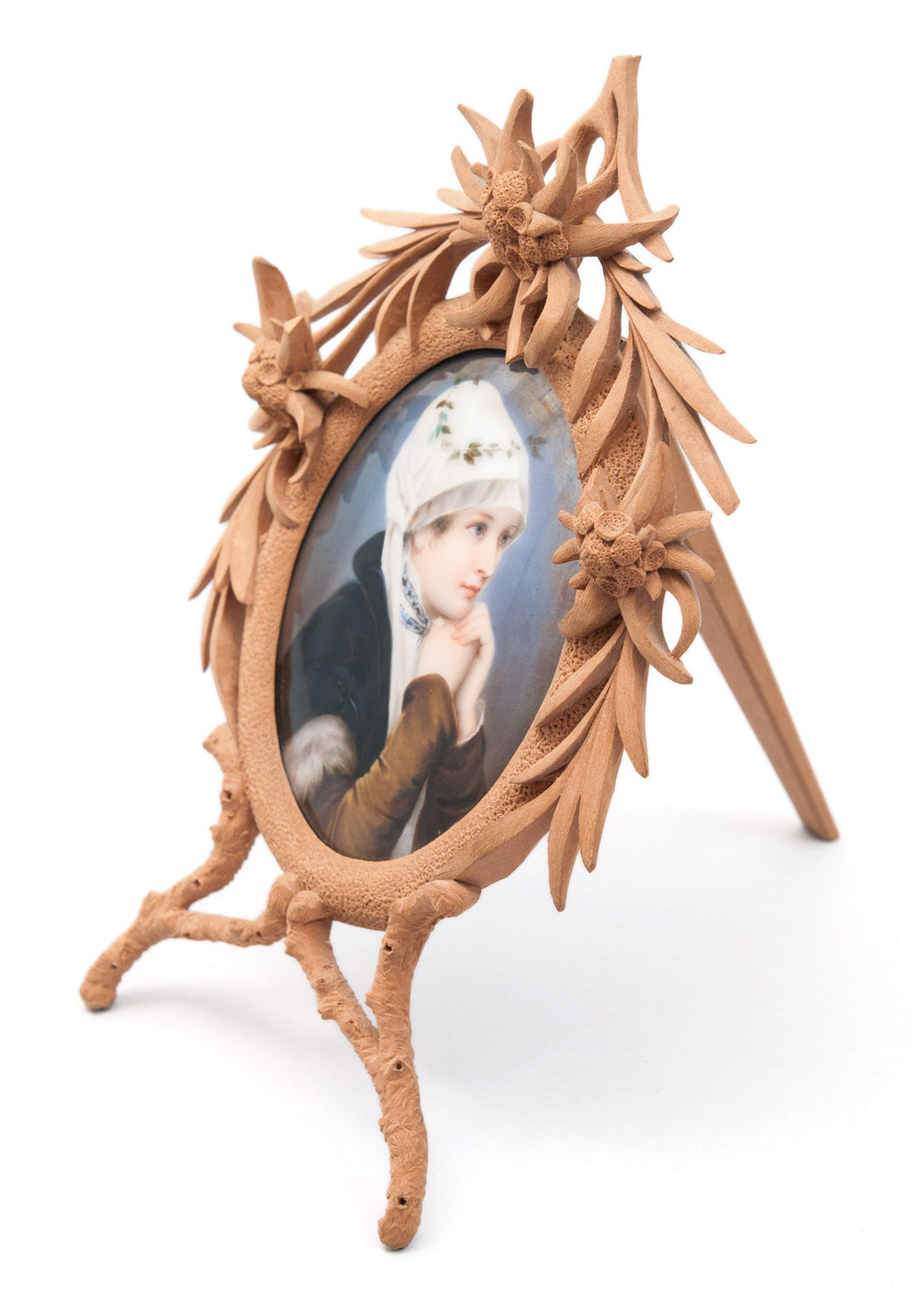 Fine Antique Swiss Hand Painted Portrait Miniature of Girl on Porcelain Plaque (Code 0432)