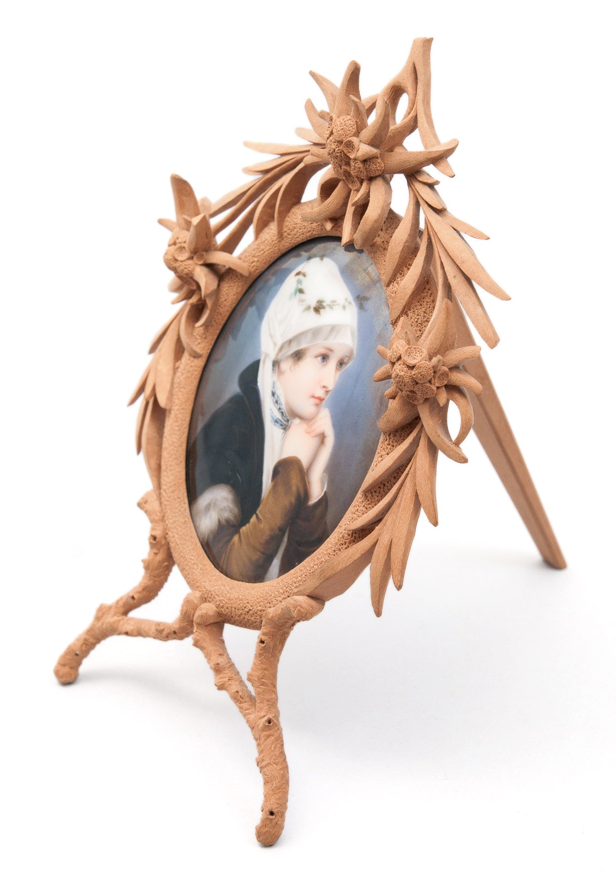 Fine Antique Swiss Hand Painted Portrait Miniature of Girl on Porcelain Plaque (Code 0432)