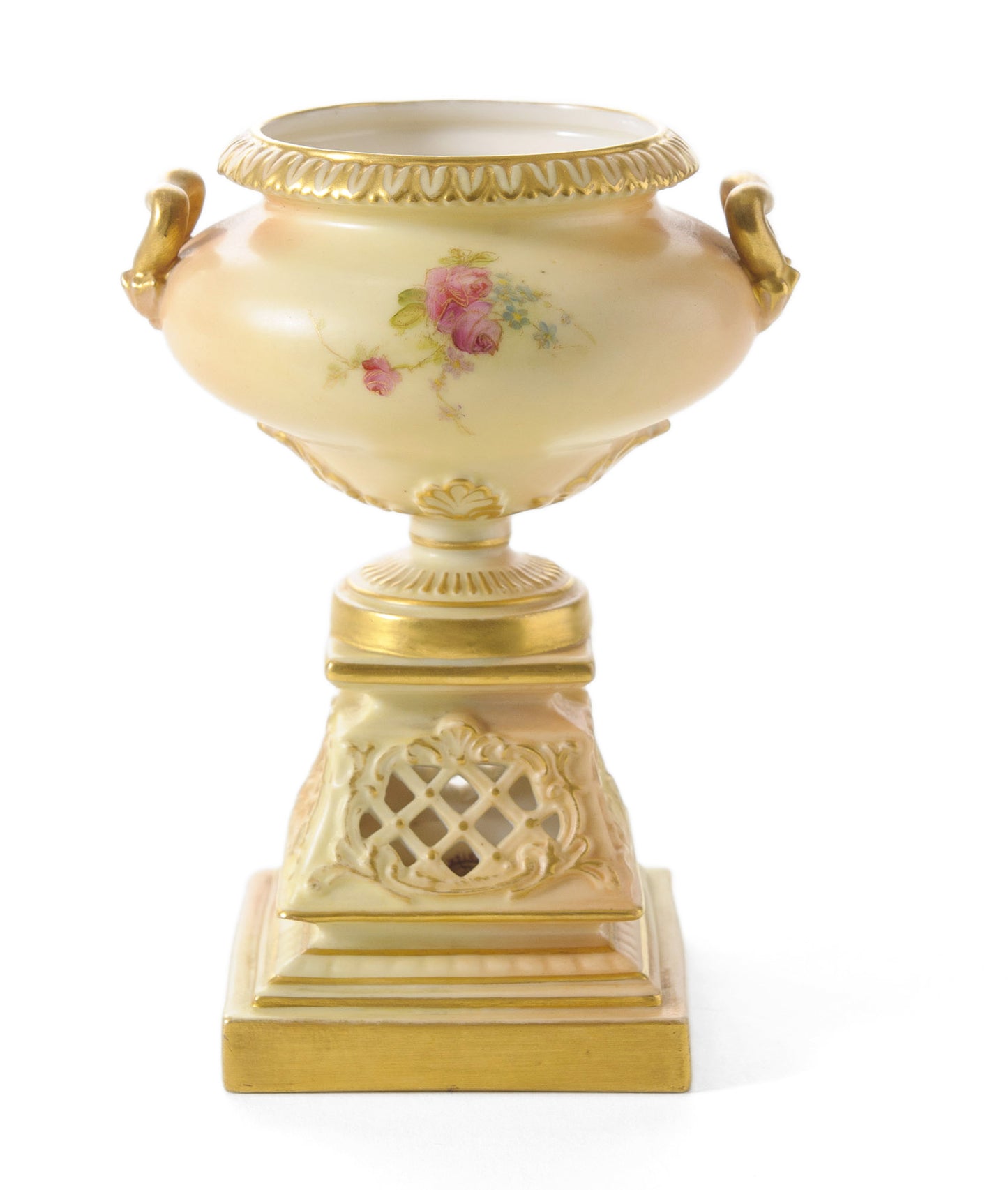 Antique Royal Worcester China Blush Ivory Pedestal & Pierced Reticulated Vase (Code 0519)