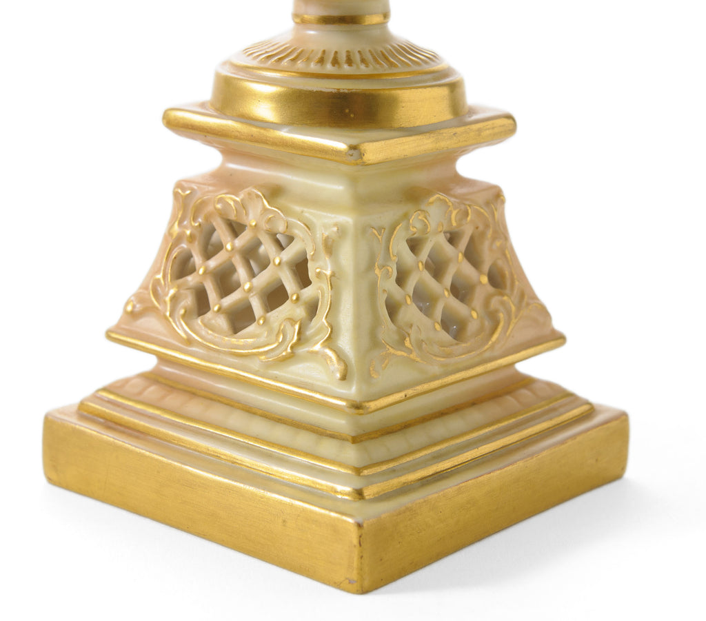 Antique Royal Worcester China Blush Ivory Pedestal & Pierced Reticulated Vase (Code 0519)