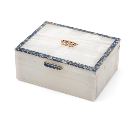 Fine Art Deco Onyx & Blue Stone Box with 9ct Gold Merchant Marine Navy Emblem (0560)