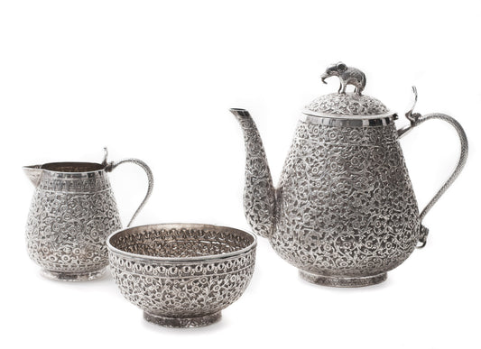 Fine Antique Indian Kutch Silver Tea Set with Elephant and Cobra Design c1850 (Code 0567)