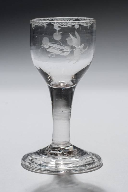 Antique Georgian Plain Stem Wine Glass with Folded Foot & Etched Bowl c1770 (Code 0642)