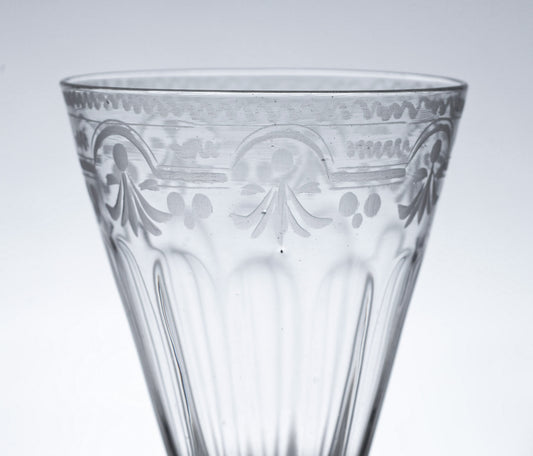 Antique Bohemian Soda Glass Wine Goblet with Etched Bowl and Folded Foot (Code 0833)