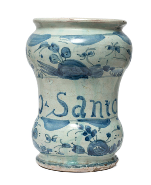 Antique Savona Italian Maiolica Pottery Albarello Drug Jar for Cardo Santo c1720 (Code 0836)
