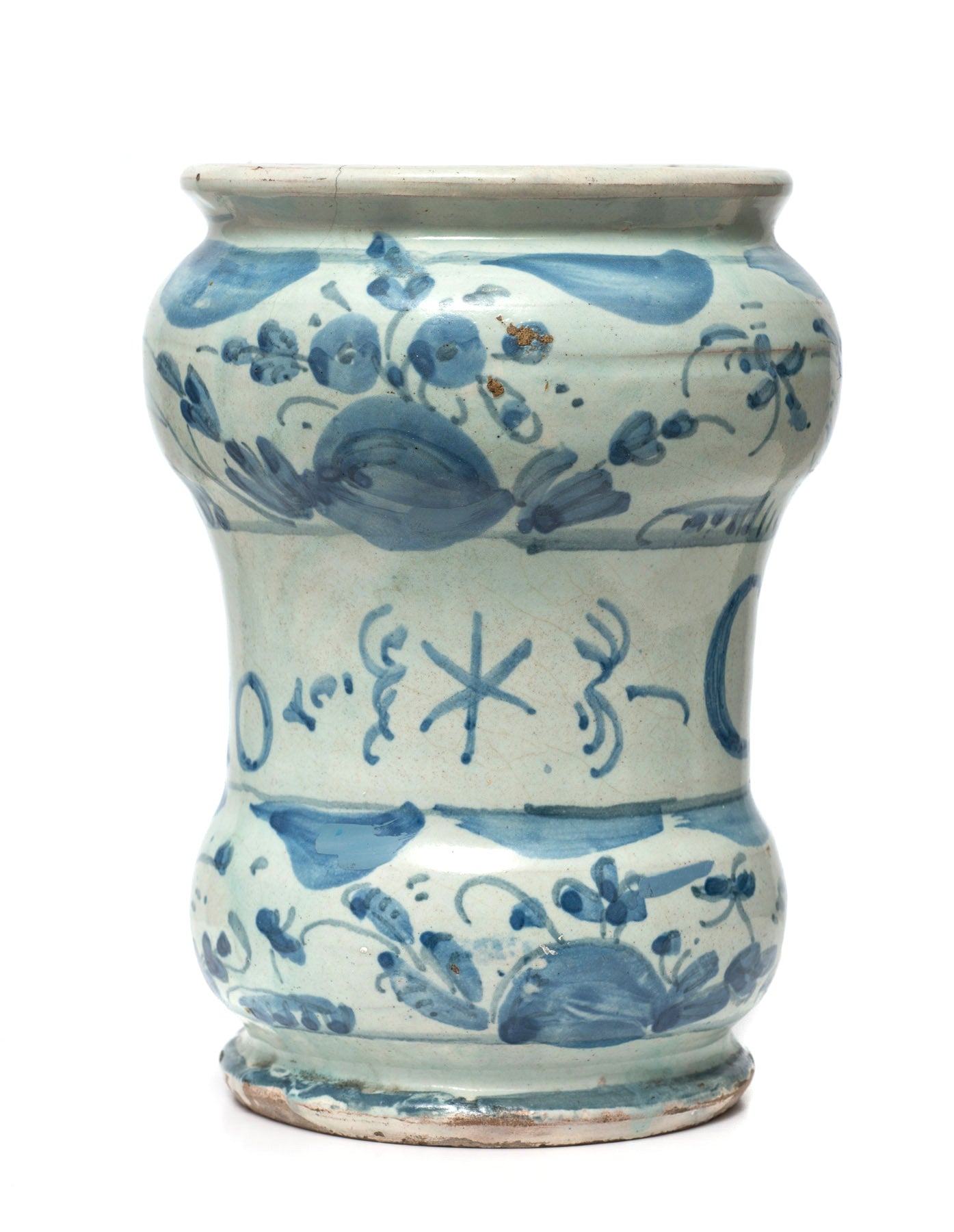 Antique Savona Italian Maiolica Pottery Albarello Drug Jar for Cardo Santo c1720 (Code 0836)