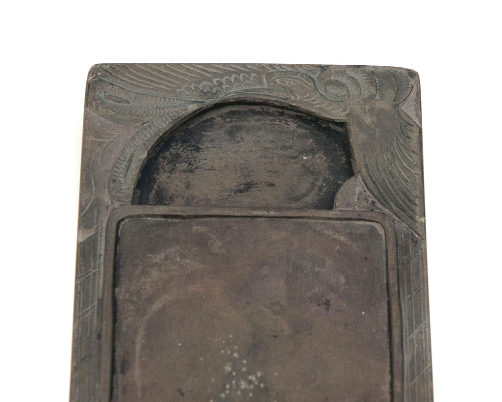 Antique Chinese Duan Green Hard Stone Inkstone/Ink Stone with Carved Bird & Well (Code 0913)